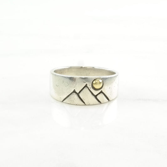 Vintage Sterling Silver Ring Mountain 18K Gold Accents Size 10 3/4