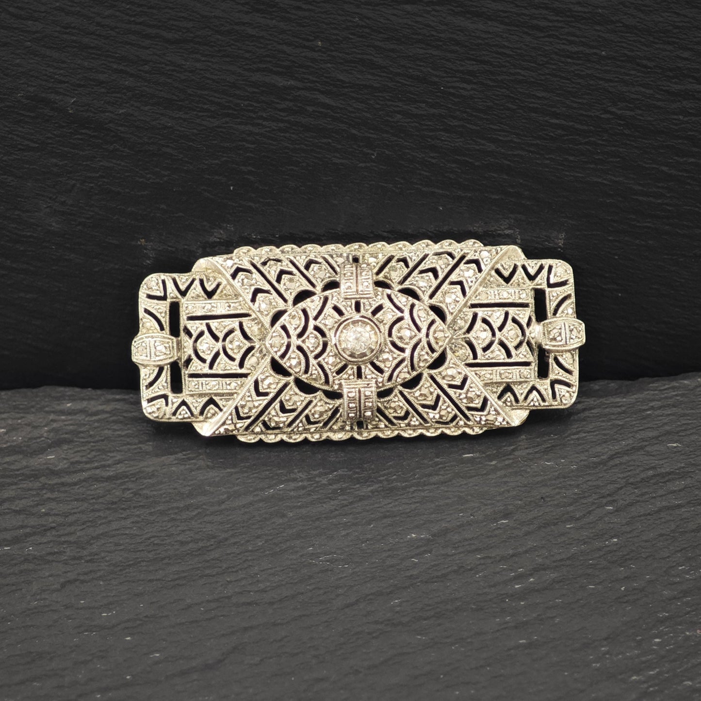 Art Deco Sterling Silver Brooch Filigree White Paste