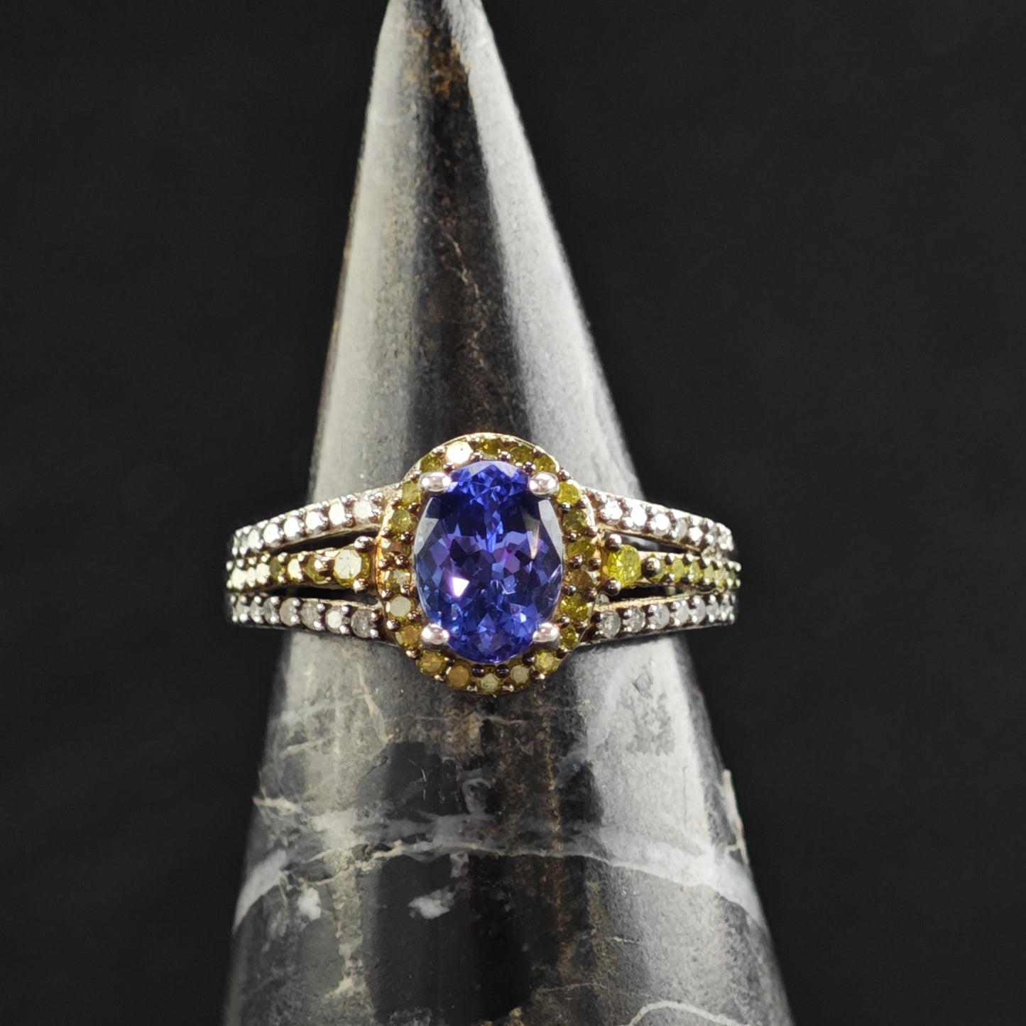 Tanzanite White & Yellow Diamond Sterling Silver Ring Sz 5 R6587