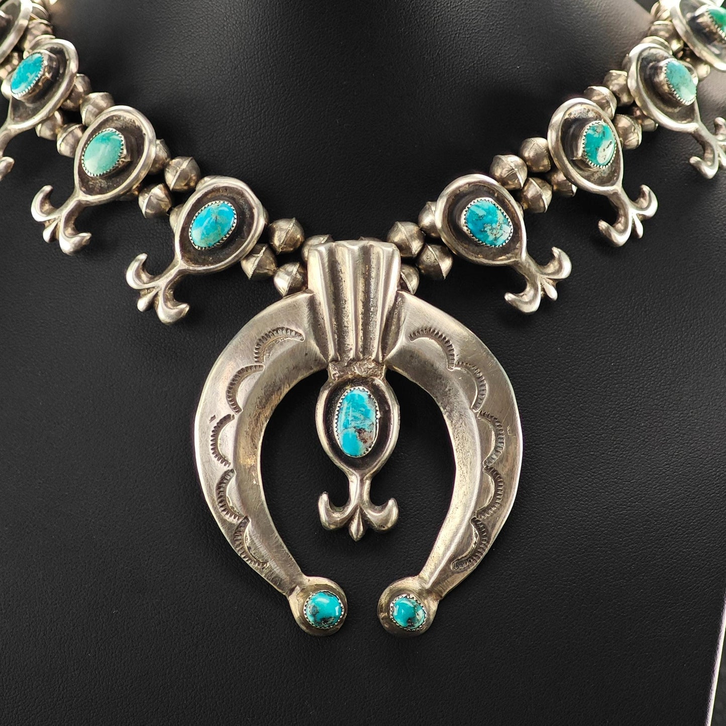 Native American Turquoise Sandcast Squash Blossom Necklace Sterling Silver
