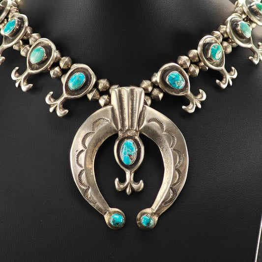 Native American Turquoise Sandcast Squash Blossom Necklace Sterling Silver