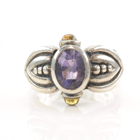 Designer Sterling Silver Ring Size 6 Purple Amethyst, Yellow Citrine