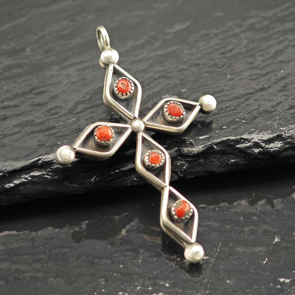 Reversible Zuni Turquoise, Coral Cross Sterling Silver Pendant P3143