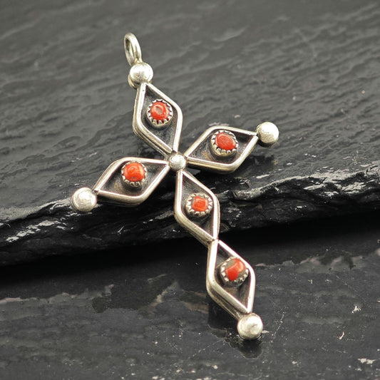 Reversible Zuni Turquoise, Coral Cross Sterling Silver Pendant P3143