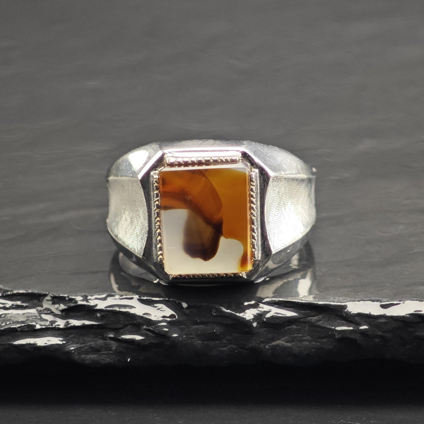 Art Deco Clark & Coombs Agate Signet Sterling Silver Ring Sz 10 1/2 R6718