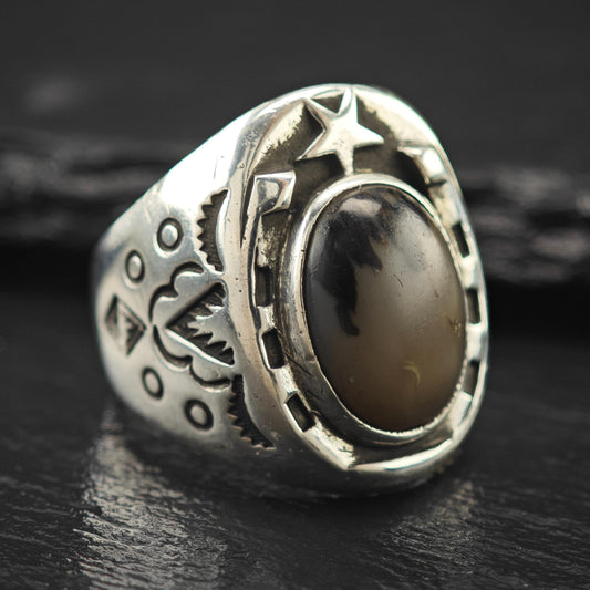 Sterling Bell Horseshoe Silver Ring Petrified Wood