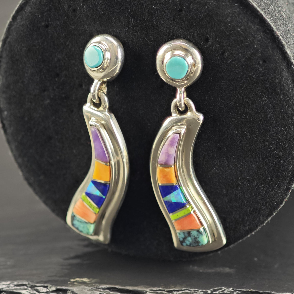 Vintage TSF Native American Multistone Inlay Sterling Silver Stud Earrings ER3219