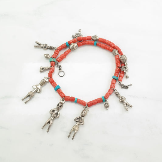 Native American Sterling Silver Coral, Turquoise Bead, Figure Necklace