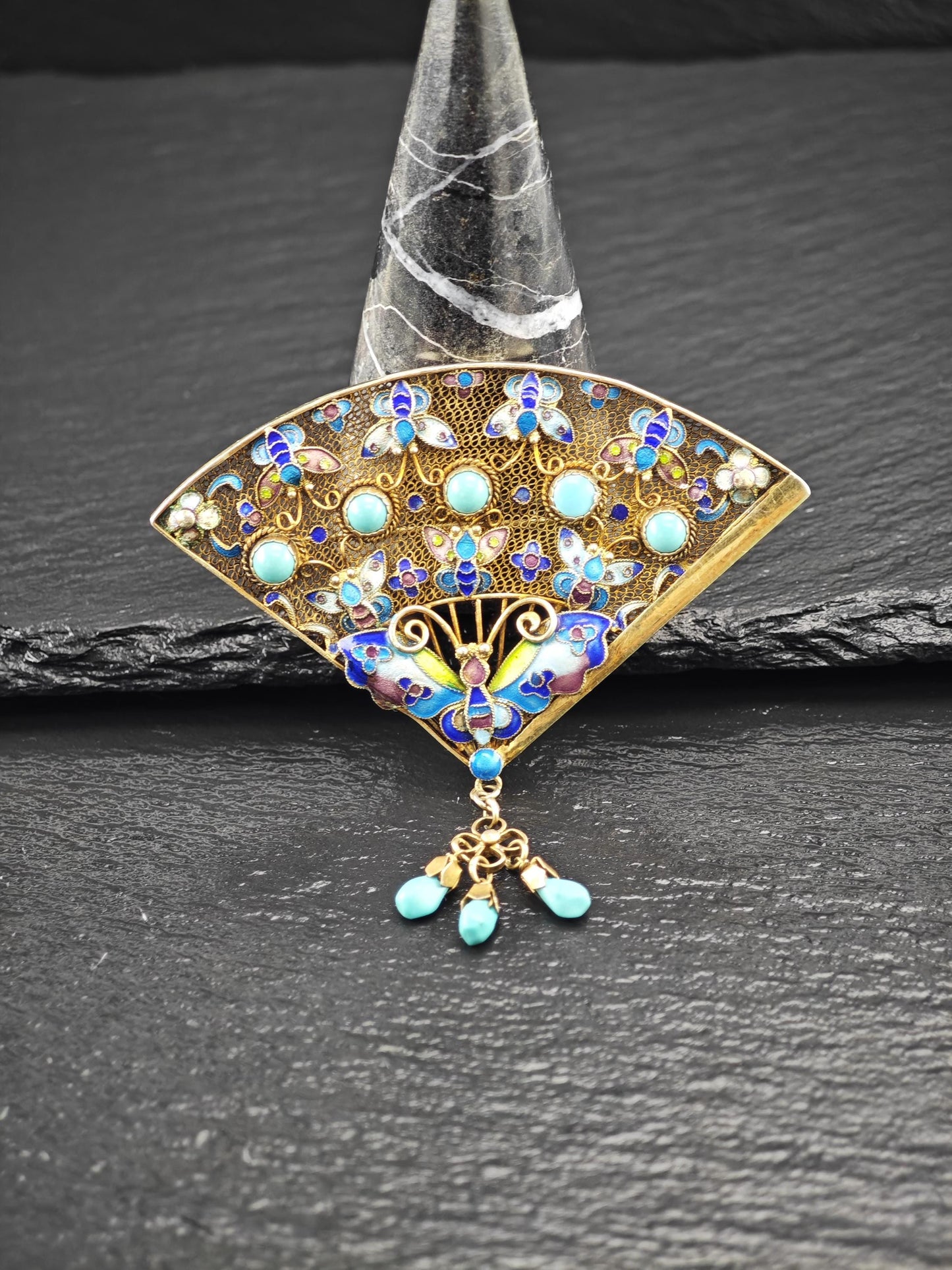 Chinese Enamel Gilt, Brooch Sterling Silver