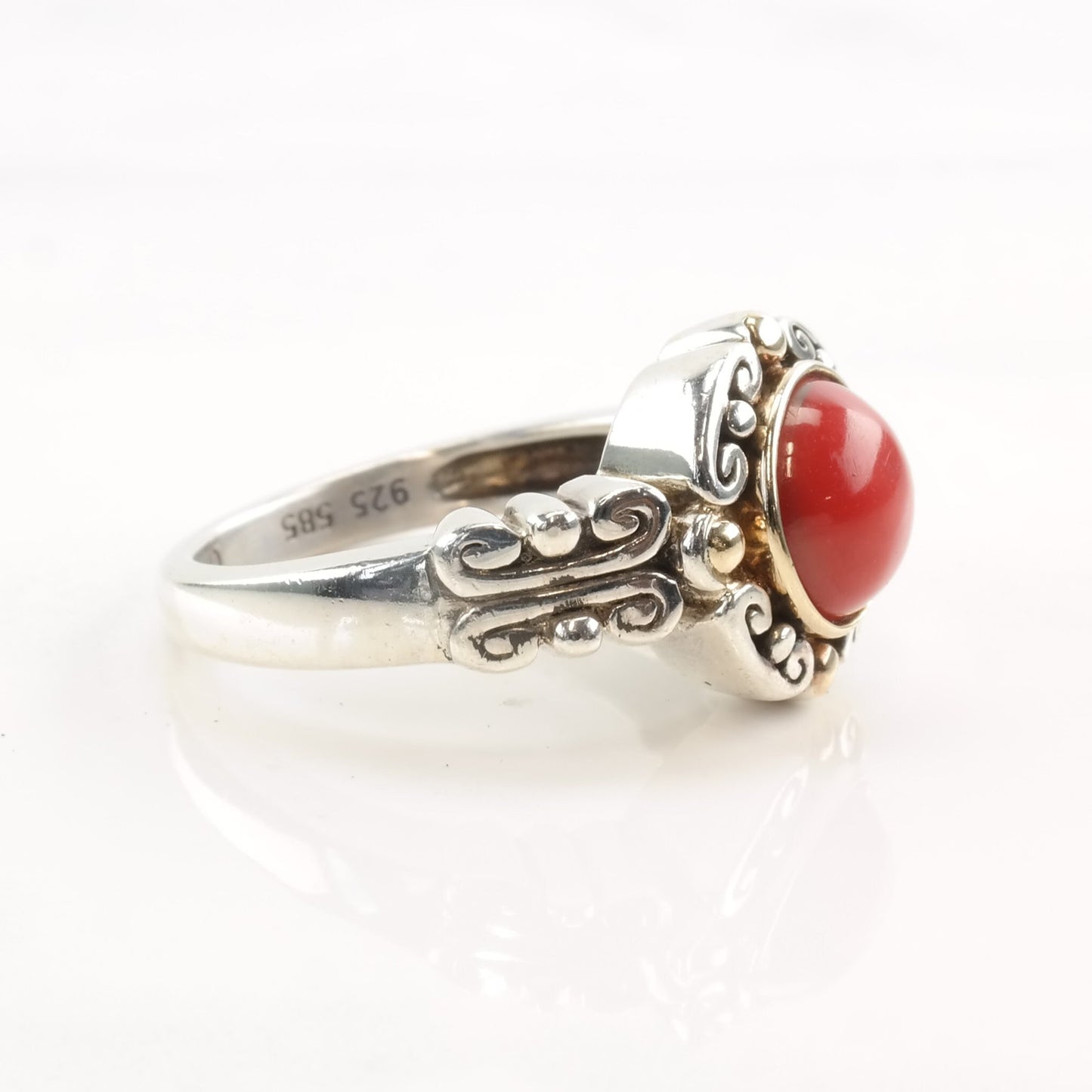 Silver Ring Faux Coral 14k Gold Beads Size 7 1/4