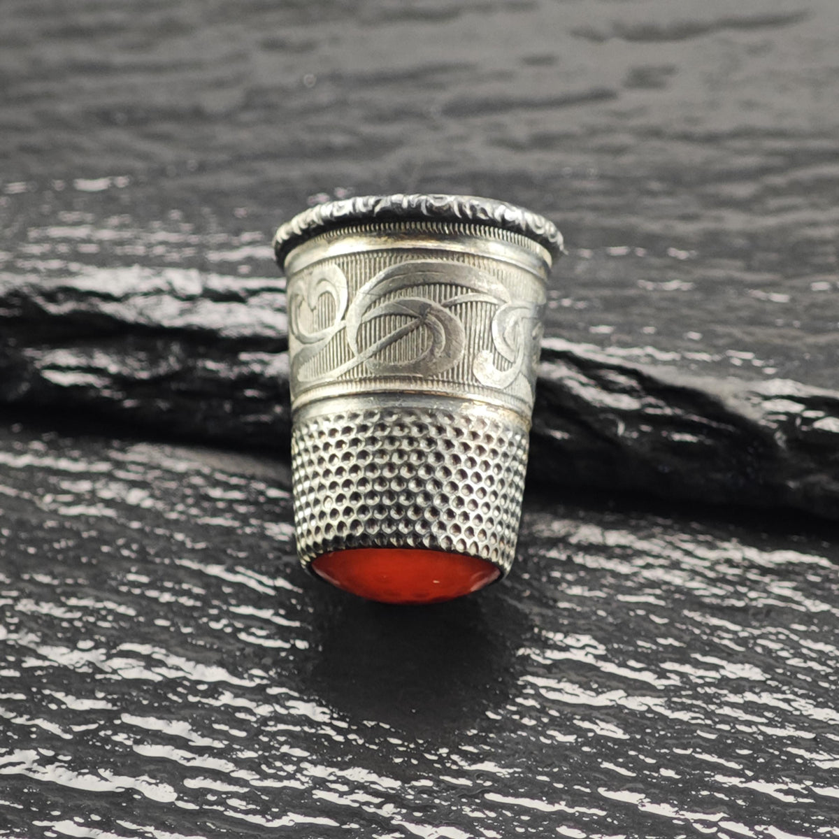 Antique Red Gemstone Thimble 830 Heavy Patina Sterling Silver MISC0422