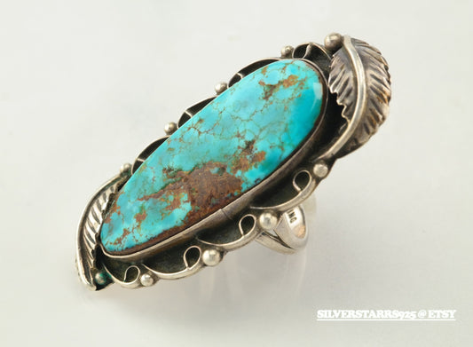 Vintage OOAK Native American Sterling Silver Ring Size 6.75 Blue Hawk, Eagle Waterweb Turquoise