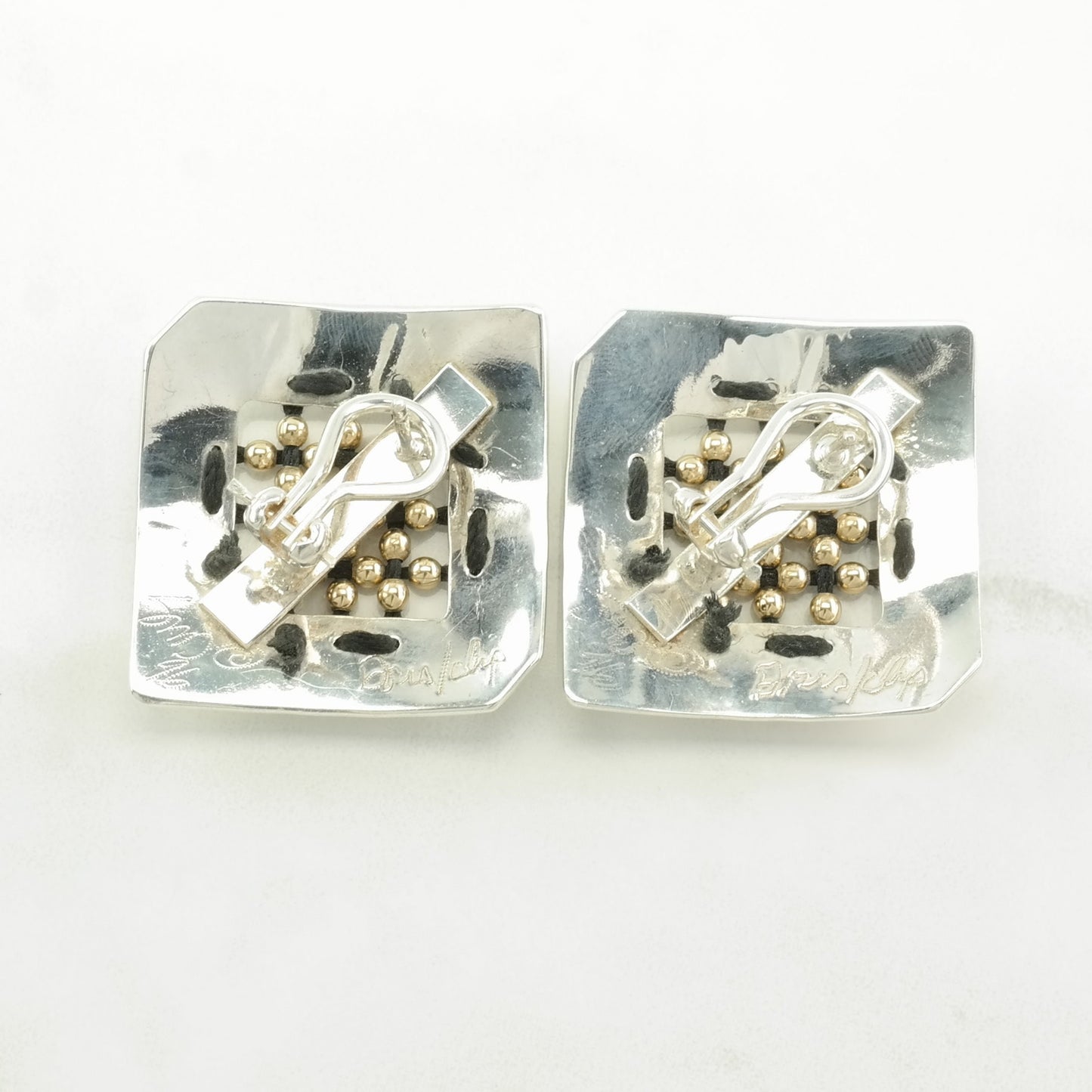 Sterling Silver Square Gold Beads Earrings Omega back