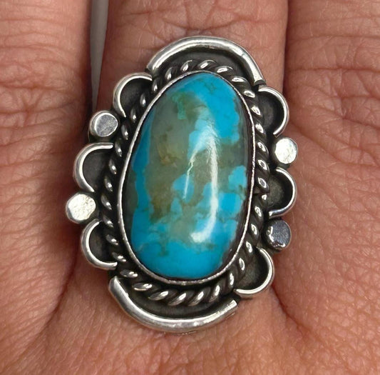 Native American Turquoise Floral Ring Sterling Silver Size 8