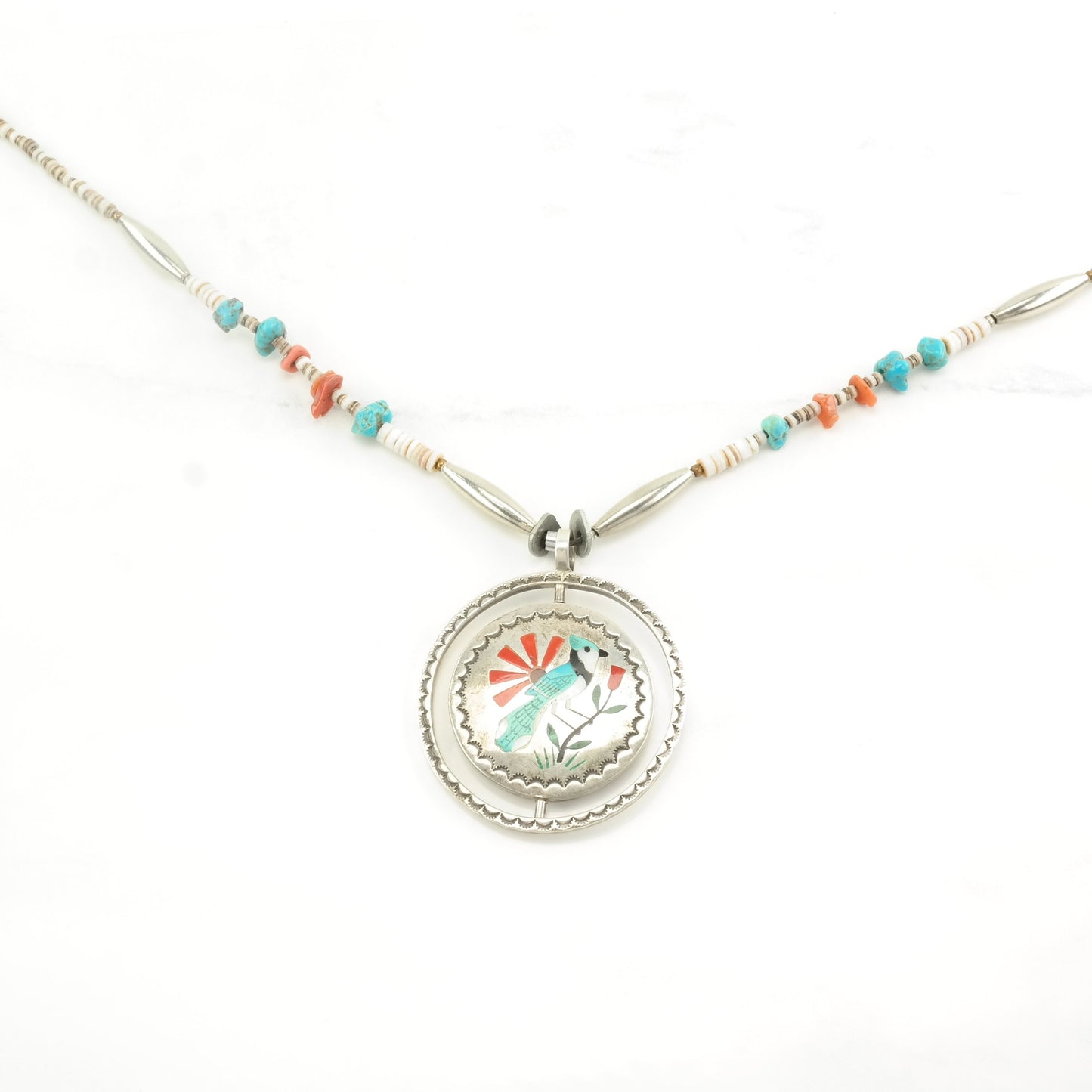 Native American Sterling Silver Turquoise, Coral Bird Inlay Necklace