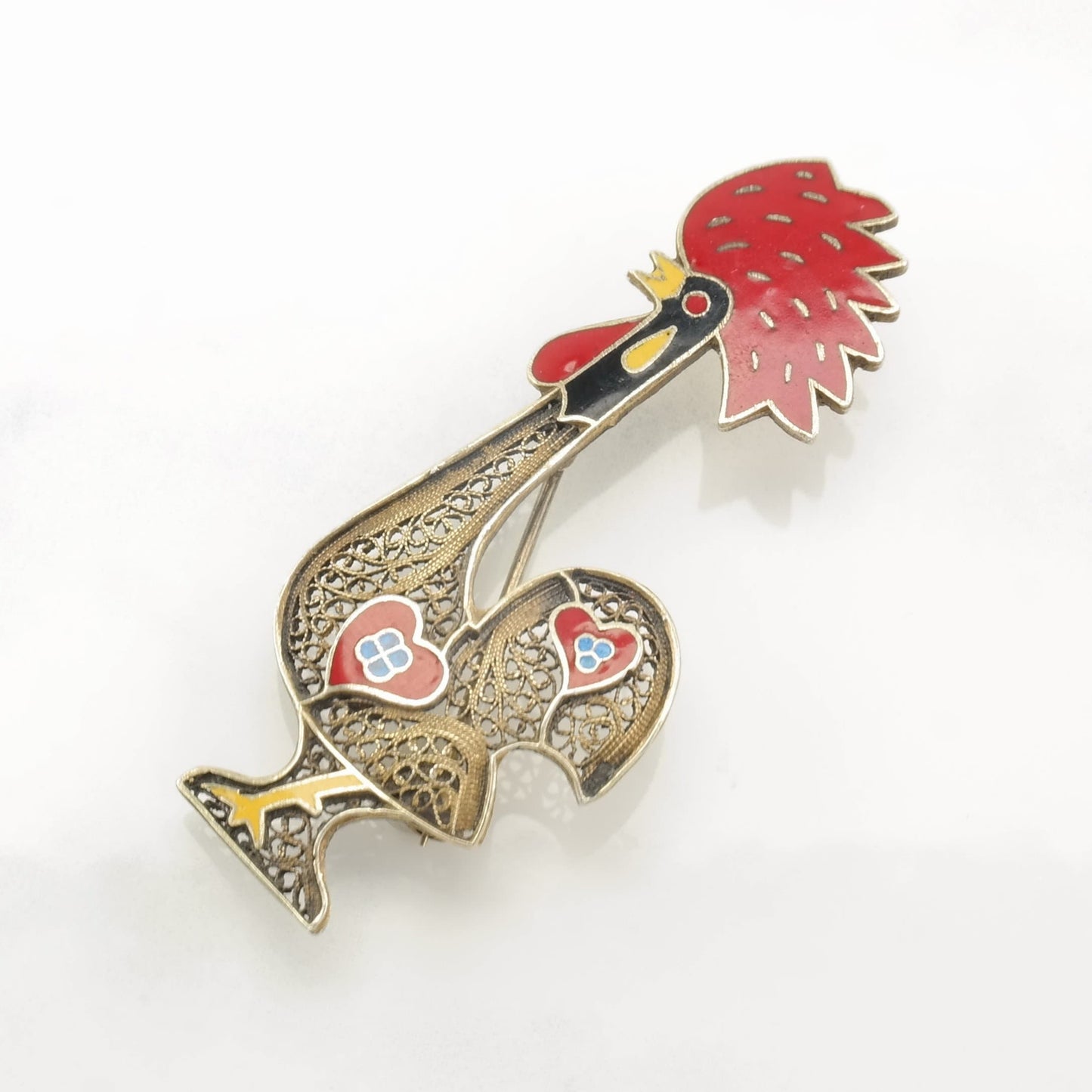 Topazio Sterling Silver Brooch Rooster, Filigree Enamel