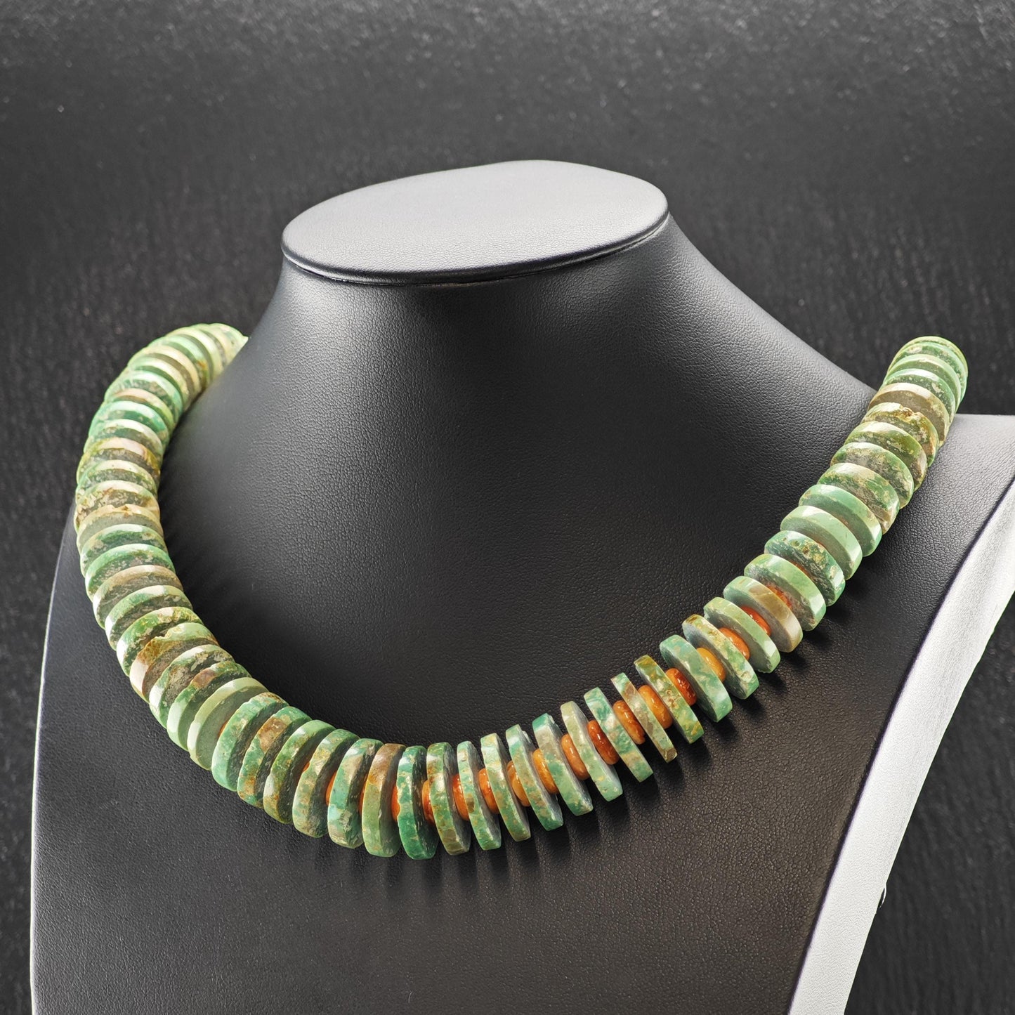 Heishi Necklace Turquoise and Spiny Oyster Beads Sterling Silver Graduated 7-21mm N2666
