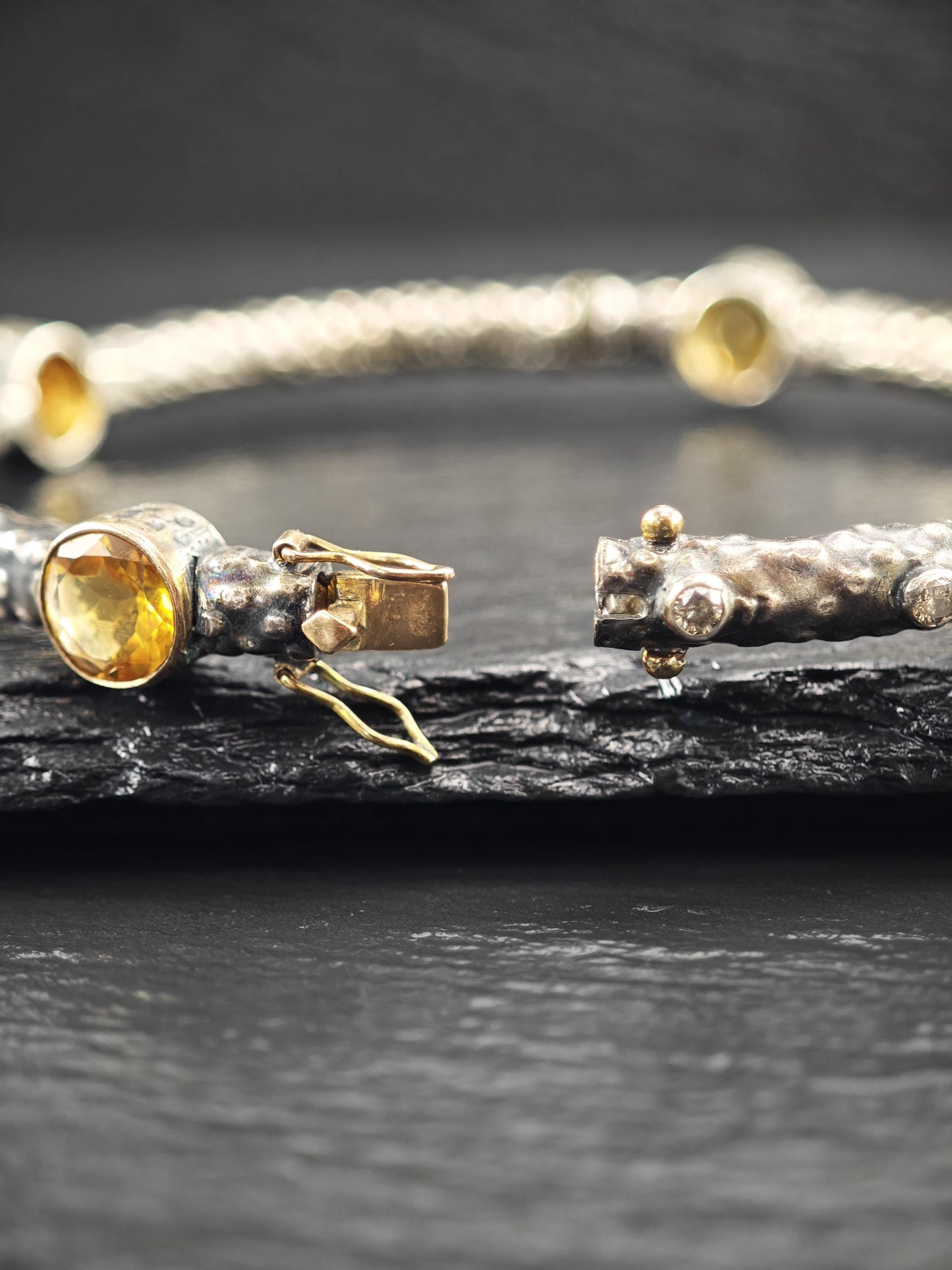 Brutalist 18K Gold Accent Citrine, Diamond Bangle Bracelet Sterling Silver