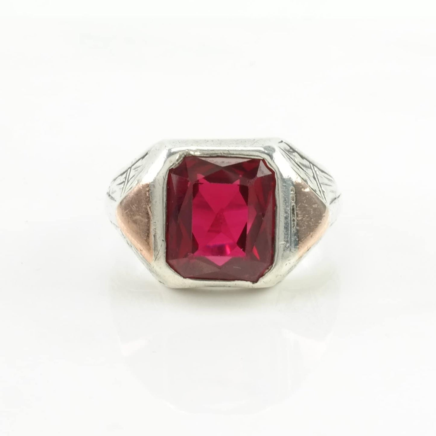 Art Deco Sterling Silver Ring Created Ruby Gold Accent Hand Engraved