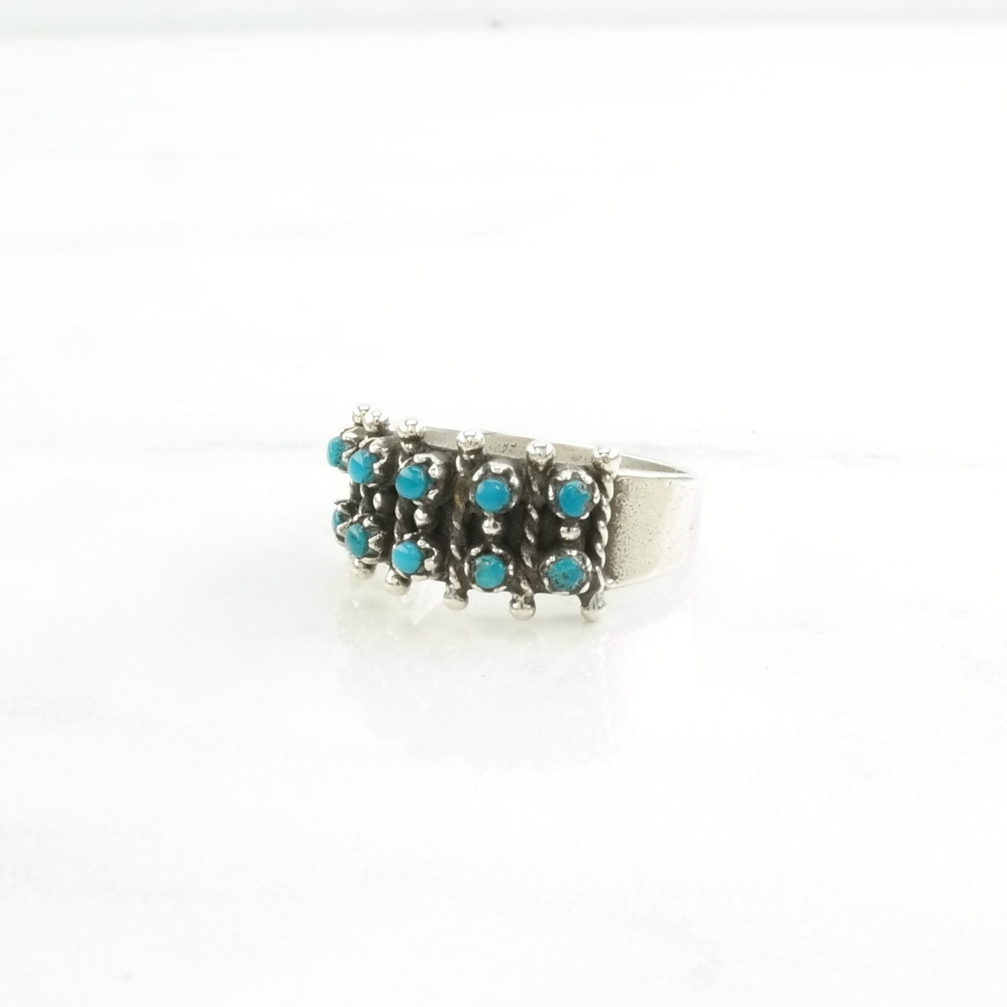 Southwest Silver Ring Turquoise Two Row Sterling Blue Size 6 3/4