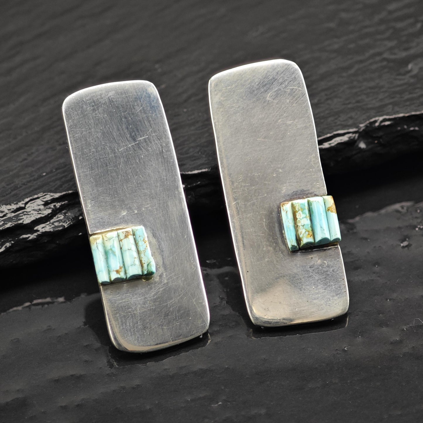 AS IS, Native American #8 Turquoise Cobble Stone Inlay Sterling Silver Stud Earrings ER3120