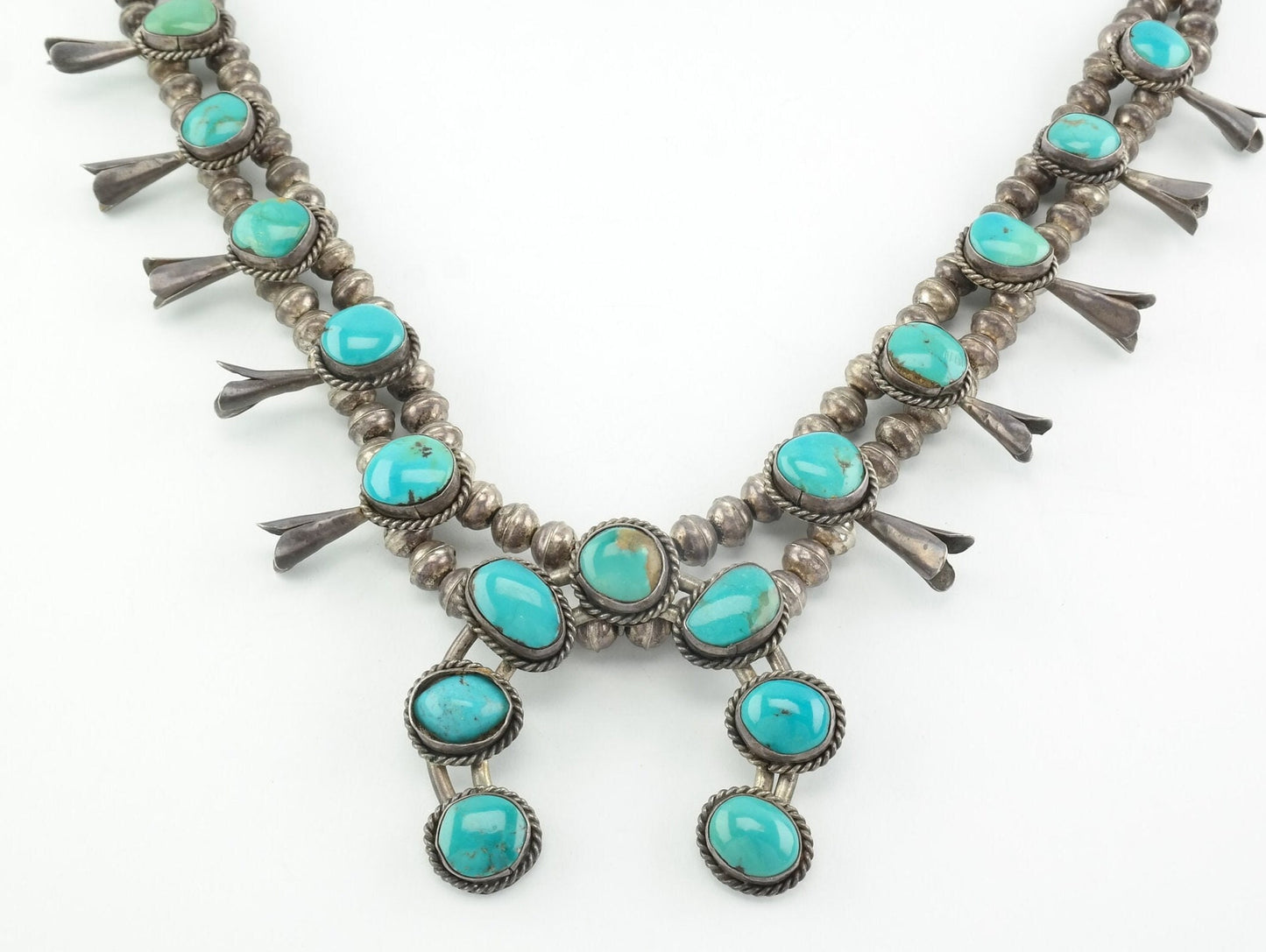 Vintage Sterling Silver Blue Turquoise Squash Blossom Necklace