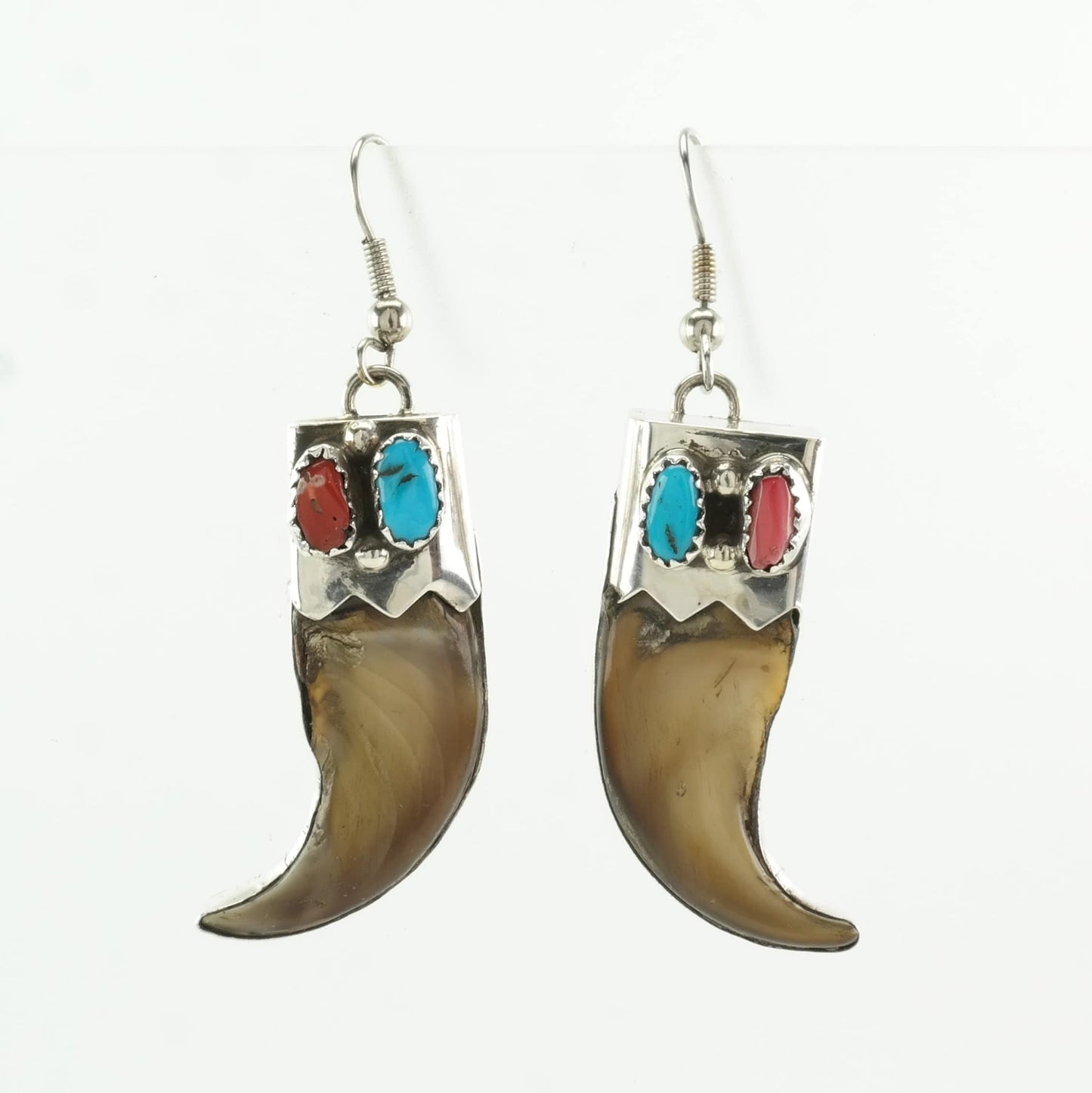 Native American Sterling Silver Turquoise, Coral Earrings Fish hook