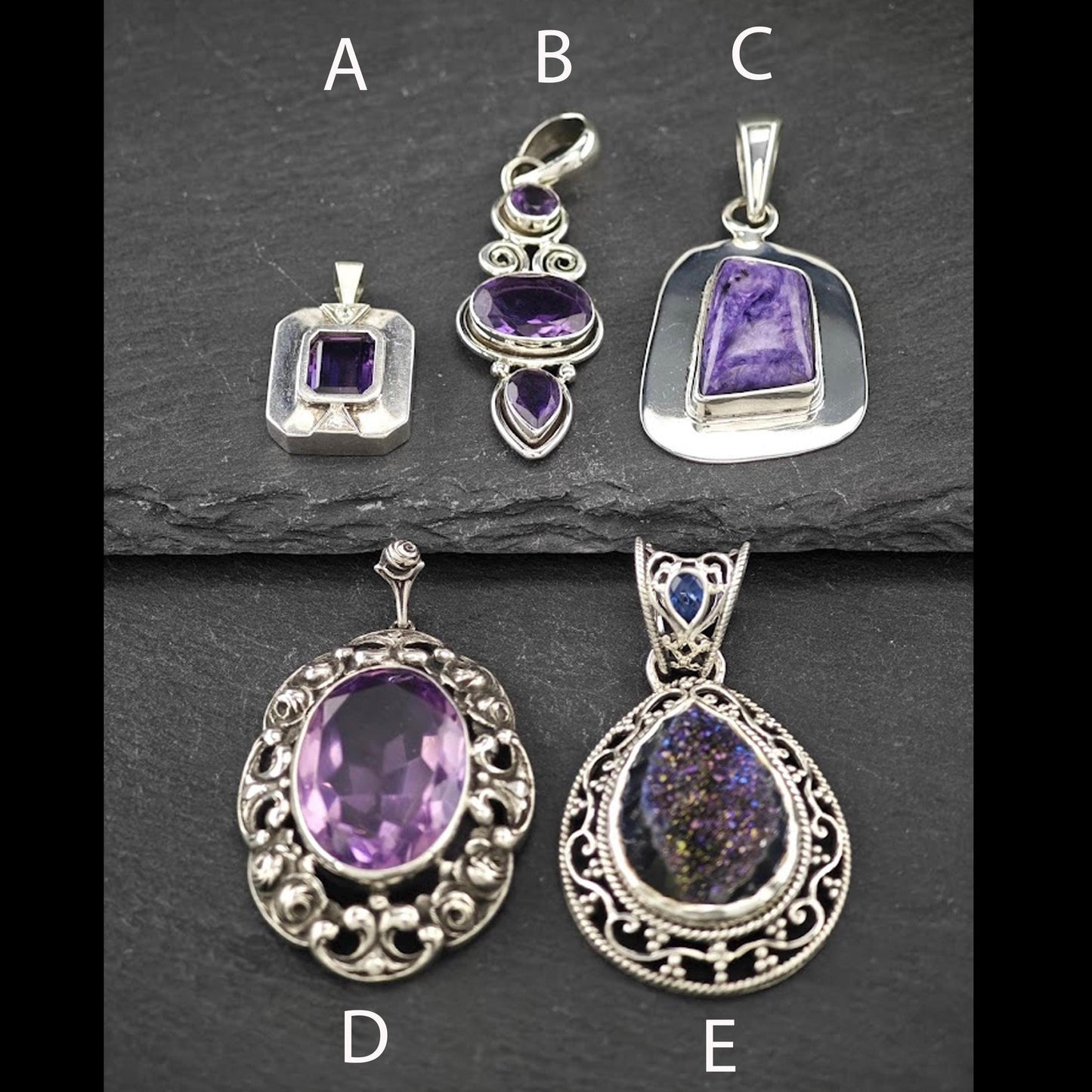 Choice of Vintage Purple Gemstone Pendants Sterling Silver