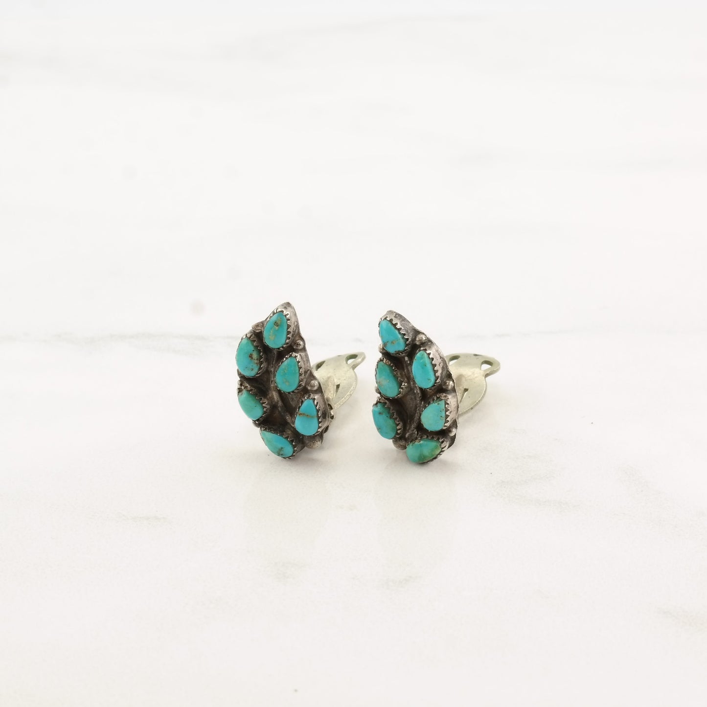 Native American Sterling Silver Turquoise Zuni Leaf Earrings Clip On