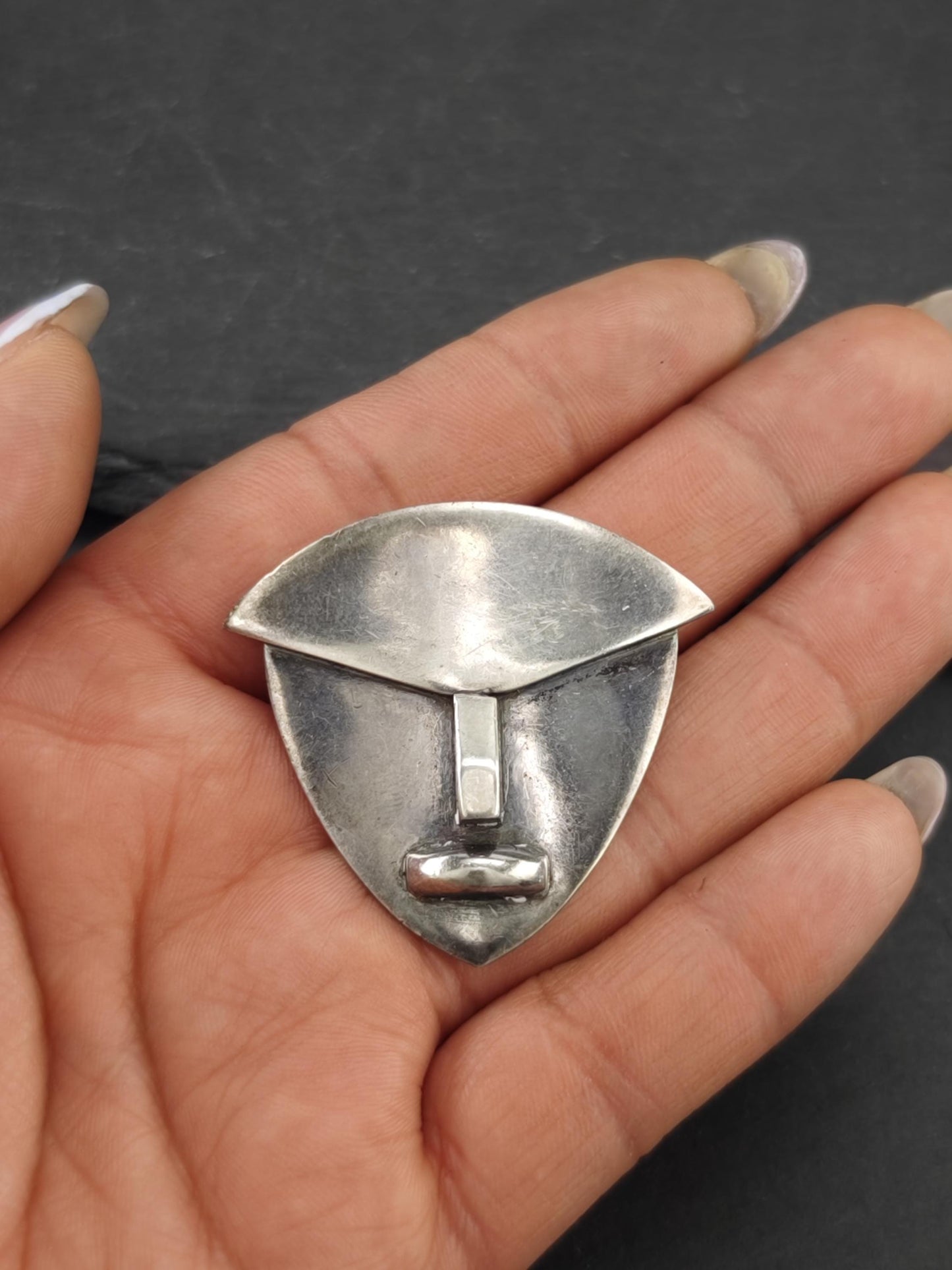 Abstract Taxco, Hector Aguilar Mayan Face Mask Brooch Sterling Silver