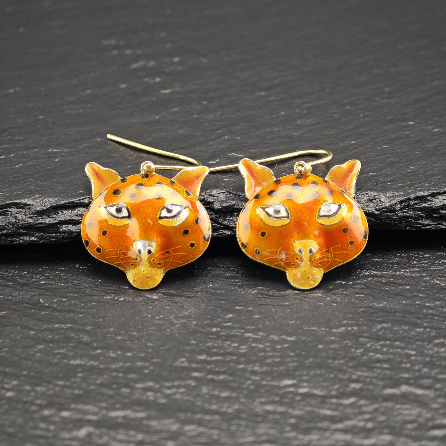 Laurel Burch Orange, Gold Gilded Enamel Cheetah Cat Fish Hook Earrings Sterling Silver