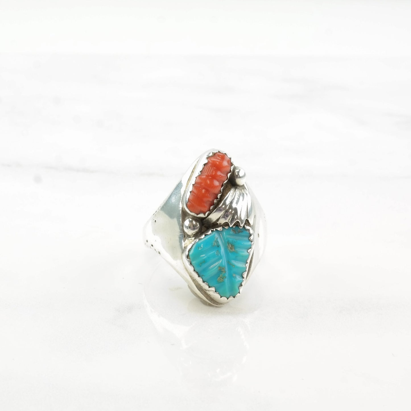 Loyolita Tsattie Zuni Silver Ring Turquoise Coral Carved Leaf Sterling Size 9 1/4