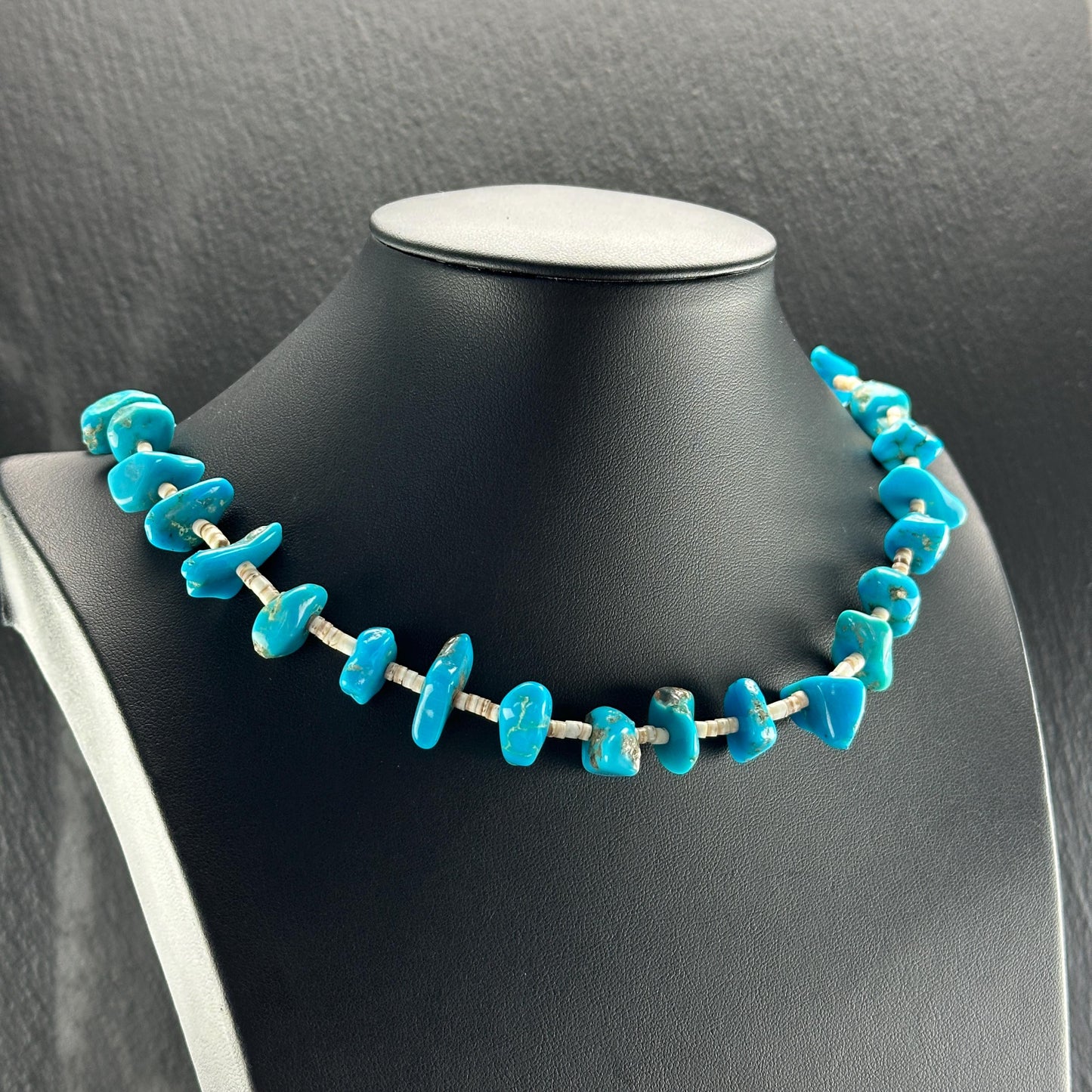 Sterling Silver Heishi Necklace with Blue Turquoise N2574