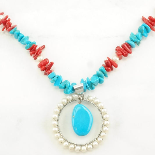 Vintage Sterling Silver Blue, Red Coral, Turquoise Pearl Necklace