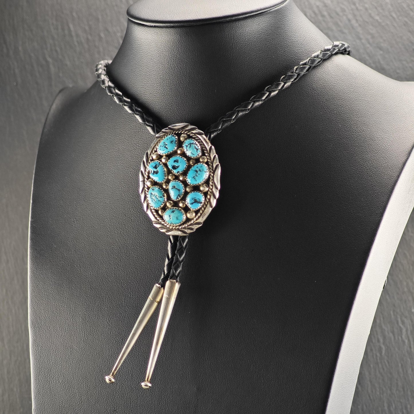 Vintage Native American Sterling Silver Sleeping Beauty Turquoise Cluster Bolo Tie Necklace N2746