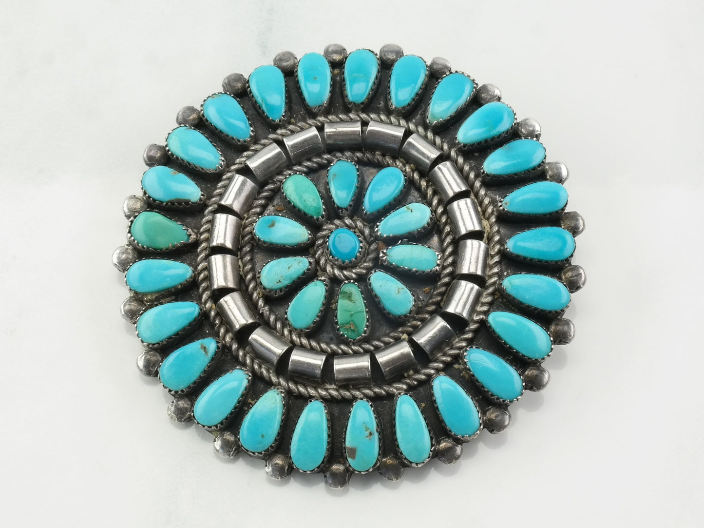 Native American Sterling Silver Brooch Cluster Flower Turquoise