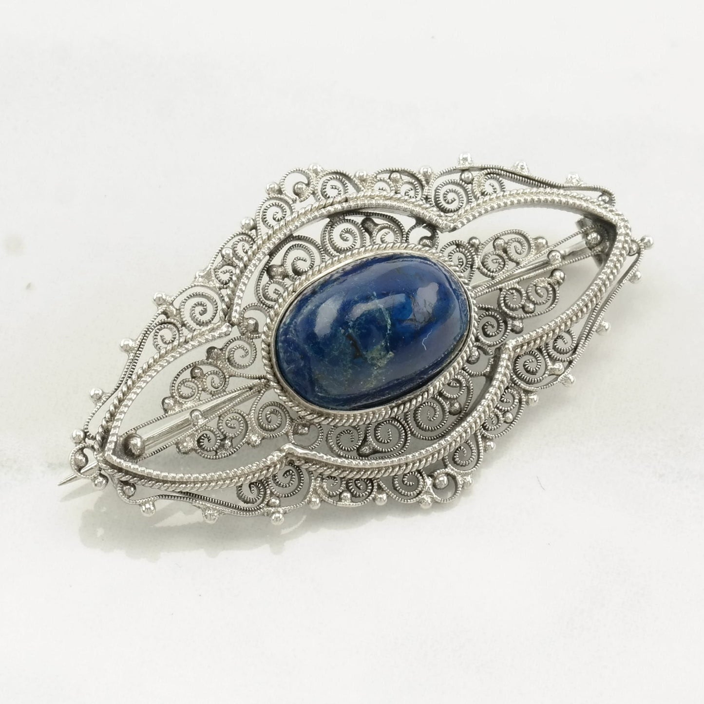 Italian Sterling Silver Brooch Filigree Lapis Lazuli