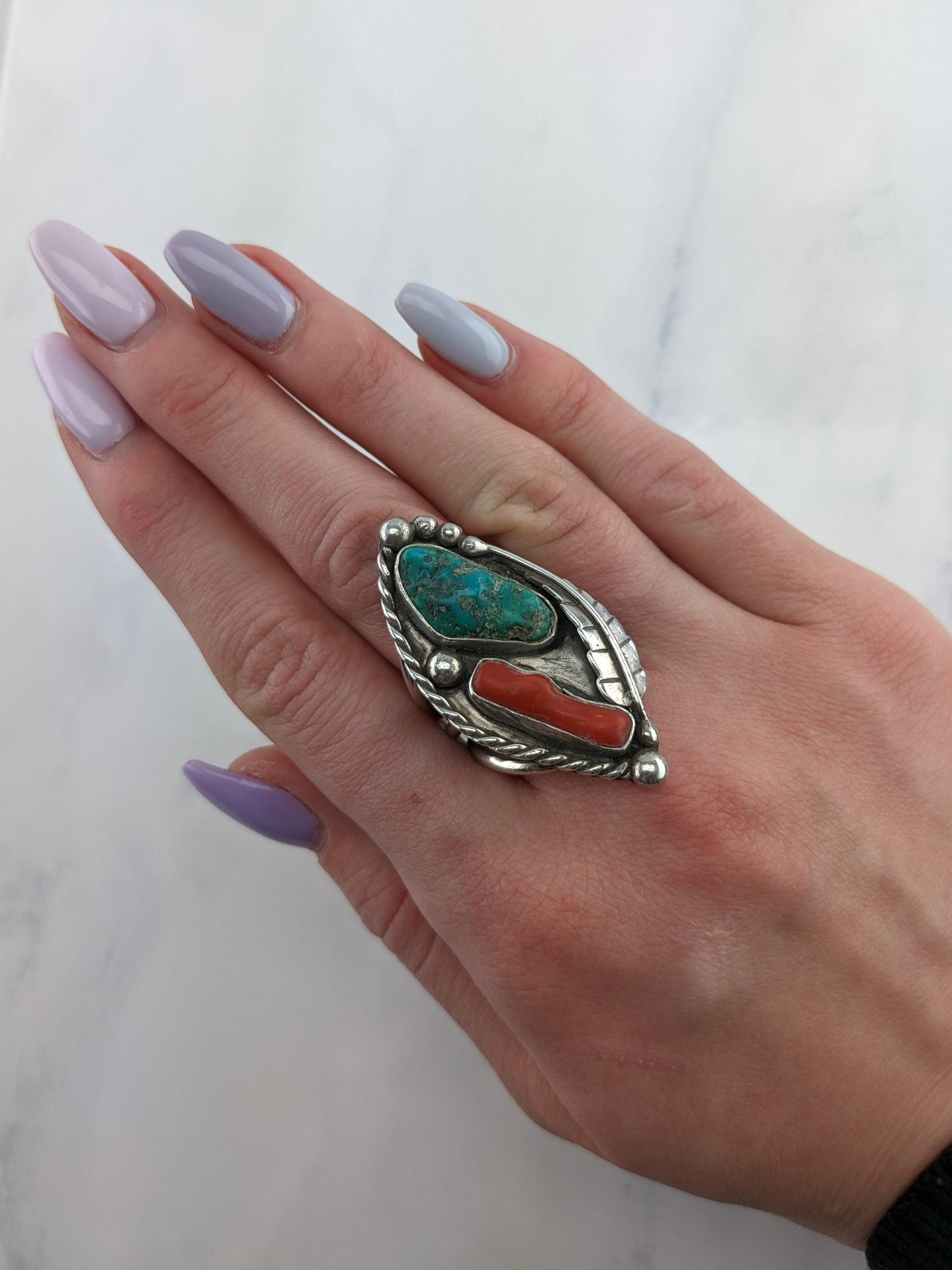 Vintage Native American Silver Ring Turquoise Coral Sterling Green Red Size 7