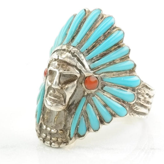 Vintage Biker Silver Ring Created Turquoise, Created Coral Headdress, Chief Sterling Blue, Red Size 11 3/4