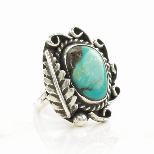 Native American Silver Ring Turquoise Feather Sterling Size 7