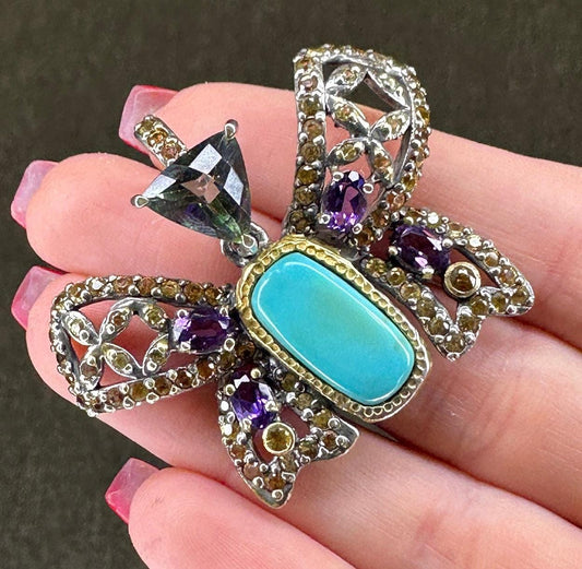 Vintage Turquoise Amethyst Sapphire Butterfly Sterling Silver Pendant