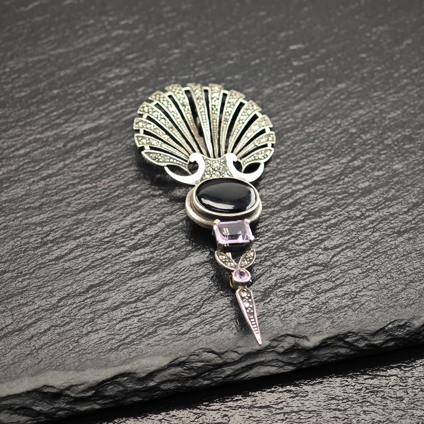 Art Deco Style Onyx, Amethyst, Marcasite Sterling Silver Brooch