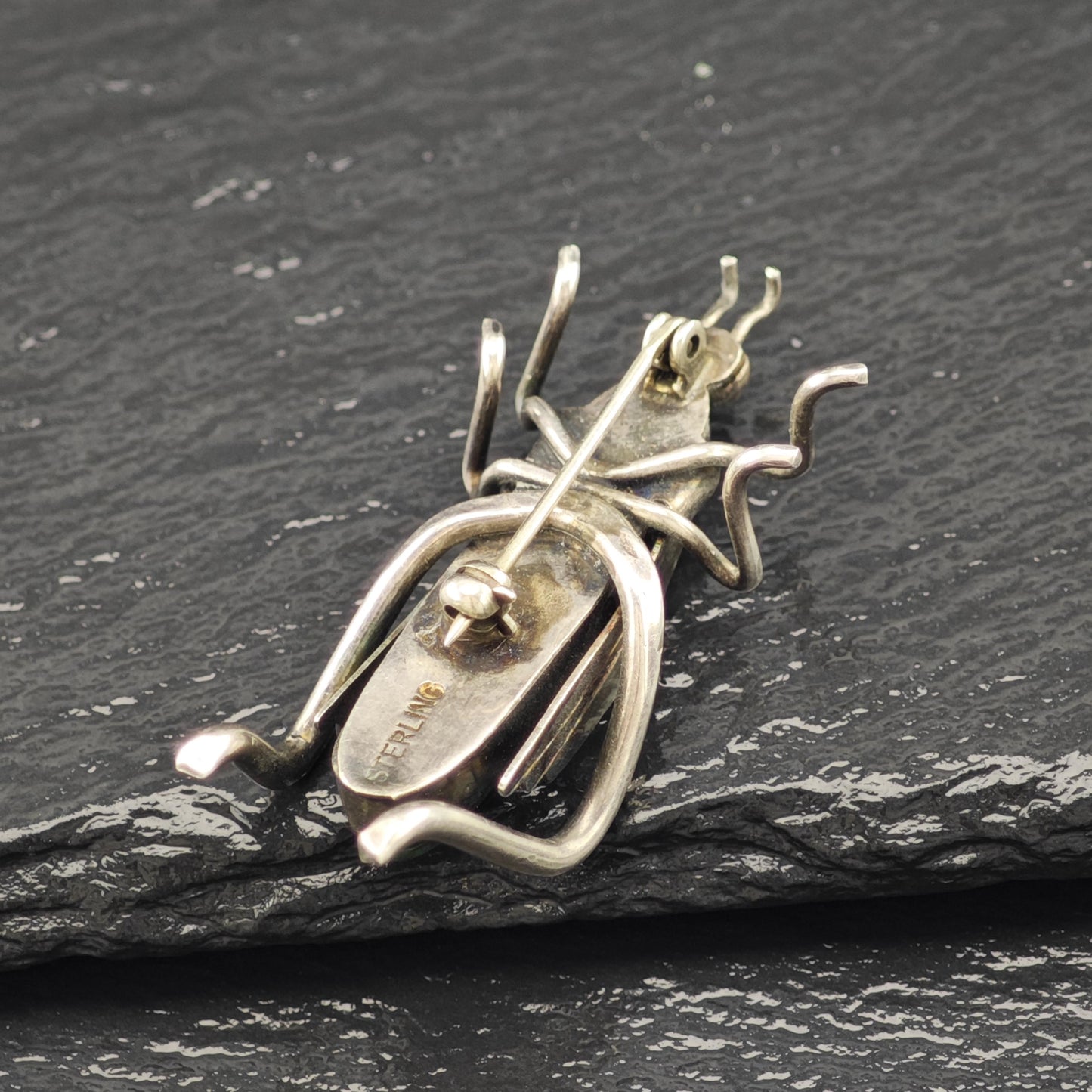 Native American Sterling Silver Brooch Grasshopper Green Malachite