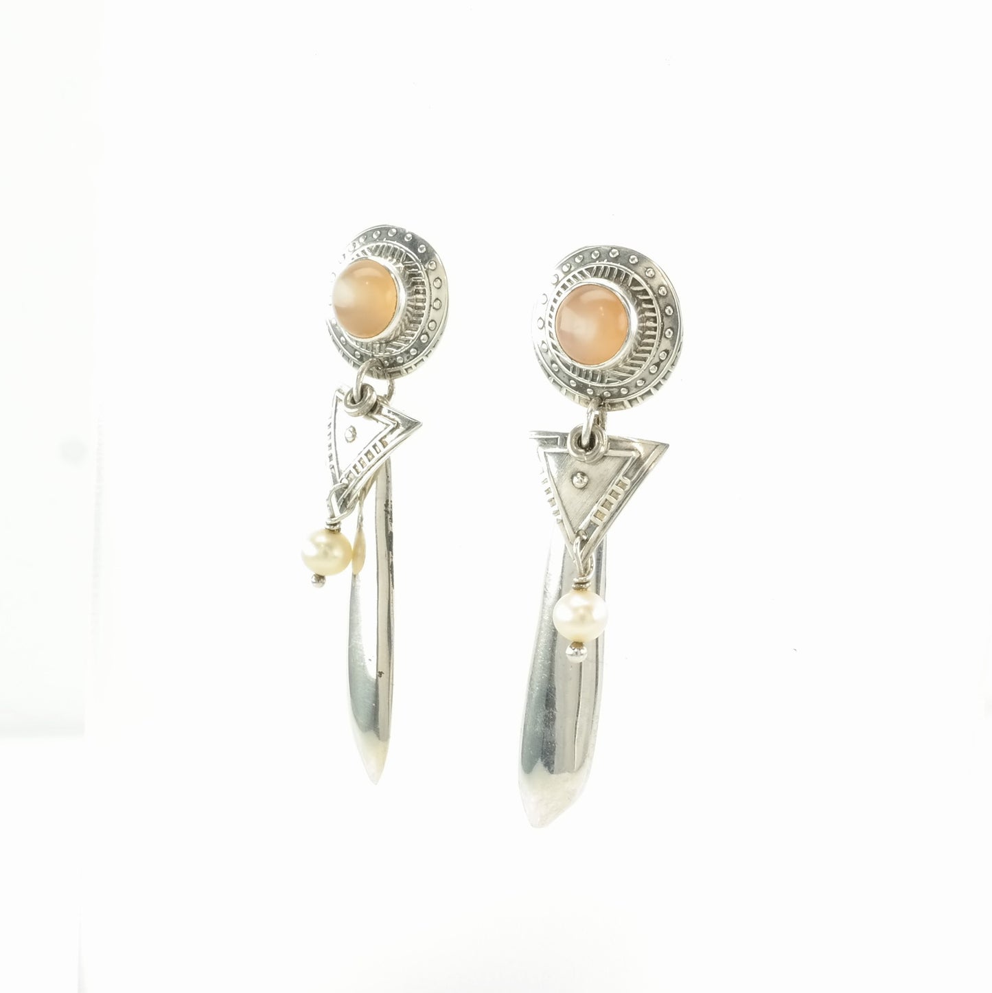 Vintage Sterling Silver Stud, dangle Earrings Peach Pearl Stamped