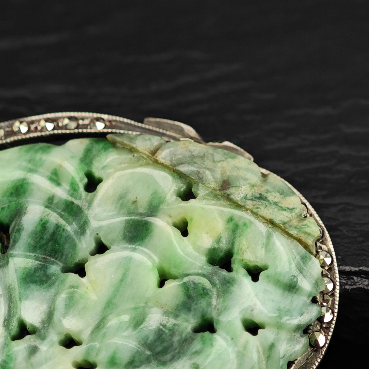 Art Deco Carved Jade Brooch Pendant 800 Silver B2245
