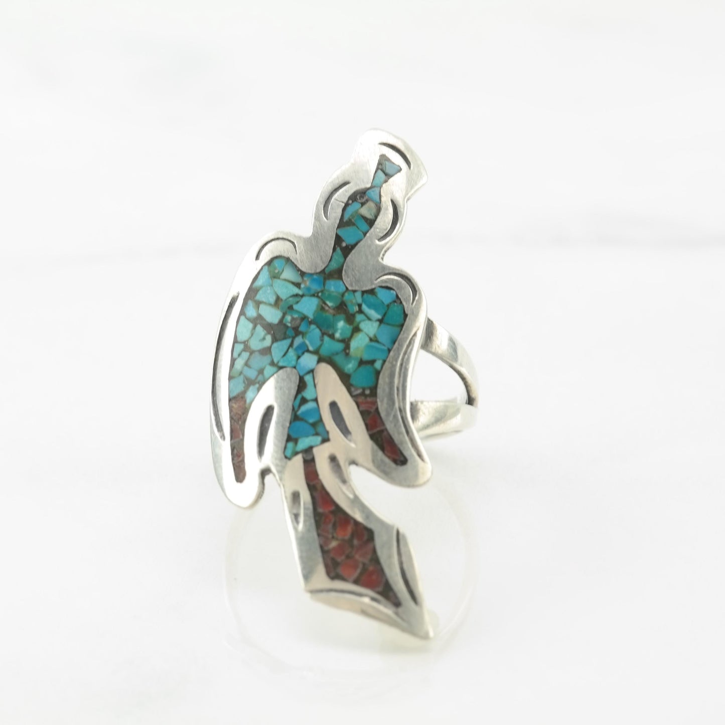 Native American Turquoise, Coral Thunderbird, Inlay Blue, Red Sterling Silver Ring Size 6