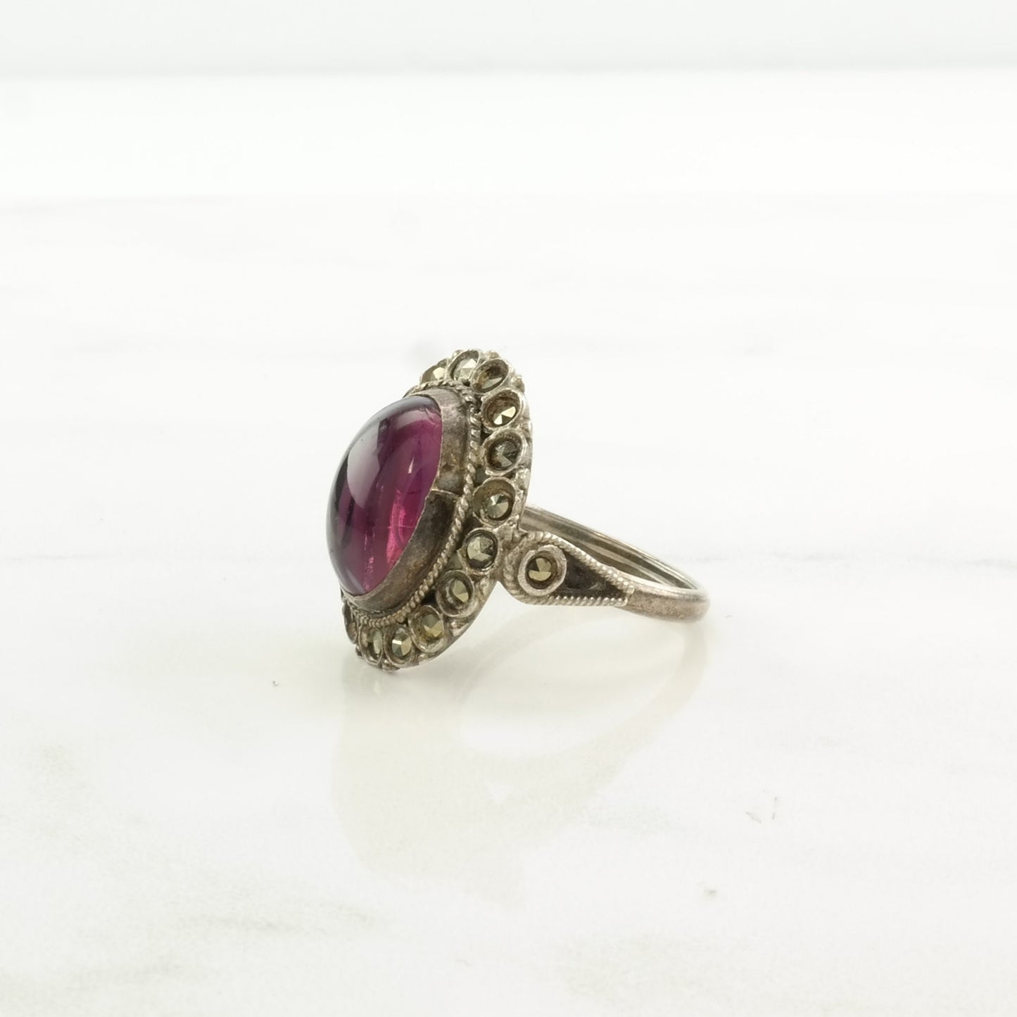 Art Deco Silver Ring Purple Stone Ornate Sterling Size 6