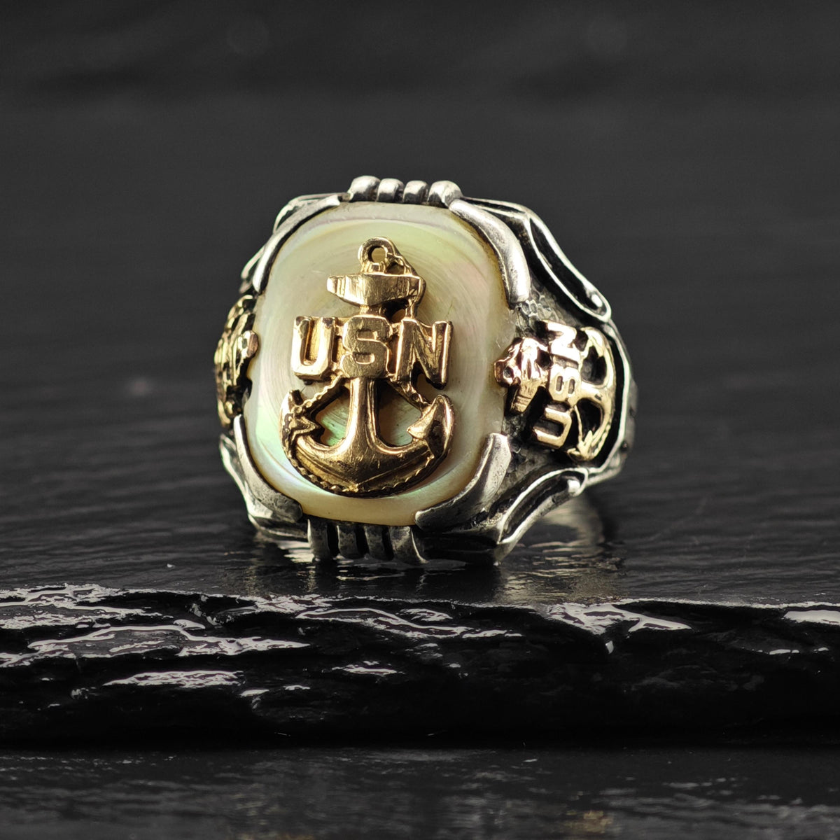 AS IS US Navy 12k Rotating Anchor Gold Sterling Silver Ring Sz 9 1/2 R6871