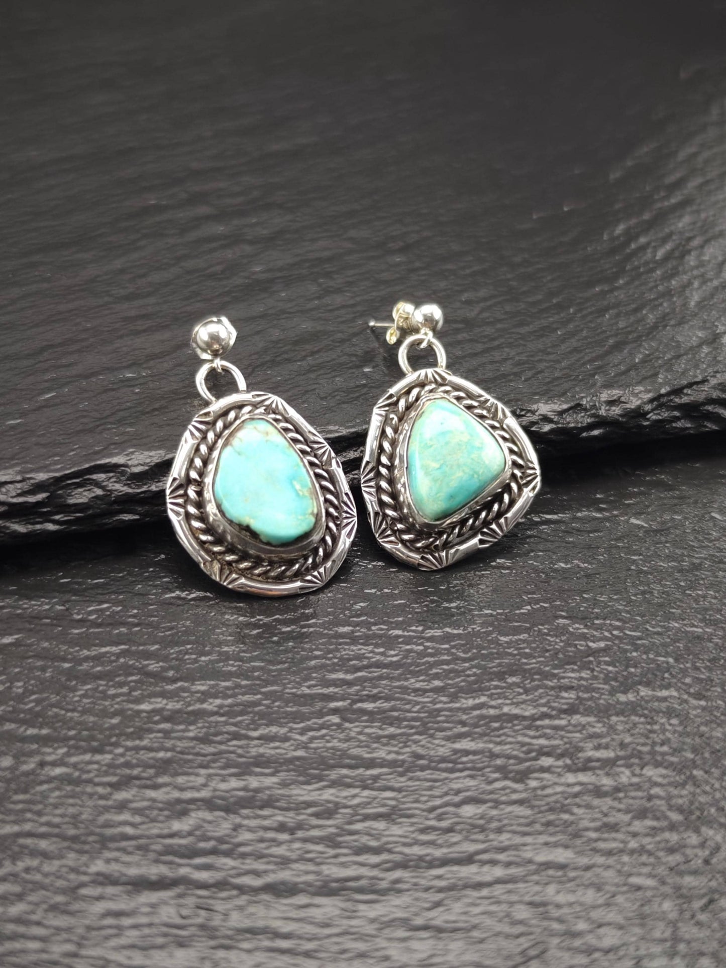 Southwest Turquoise, Stamped Stud/Dangle Earrings Sterling Silver