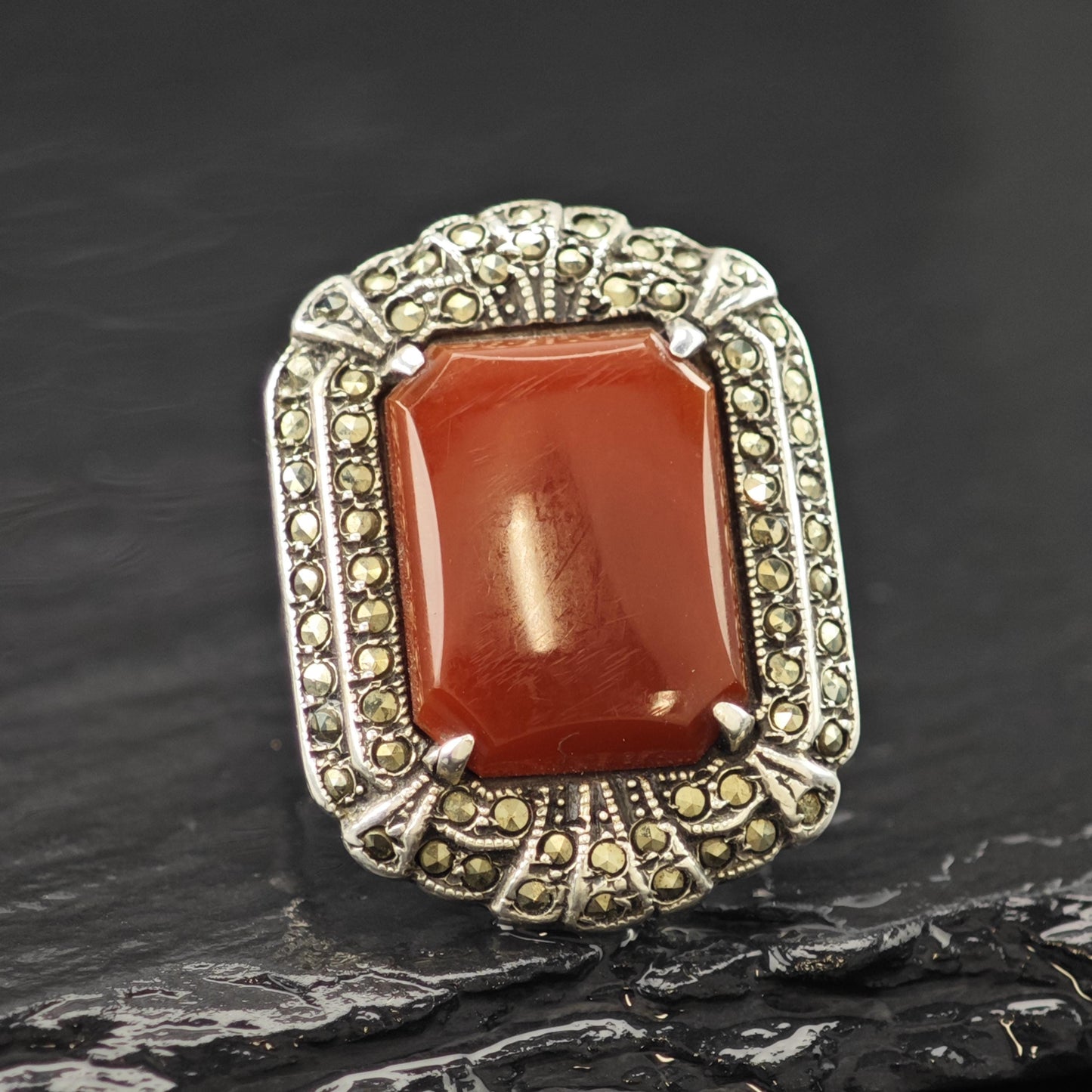 Art Deco Style Carnelian Marcasite Ring Sterling Silver Sz 6 R6253